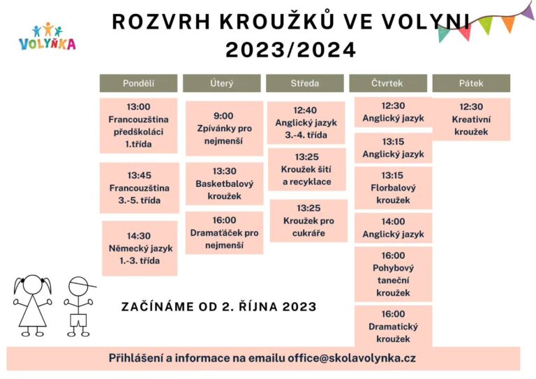 Rozvrh kroužků ve Volyni pro školní rok 2023/2024